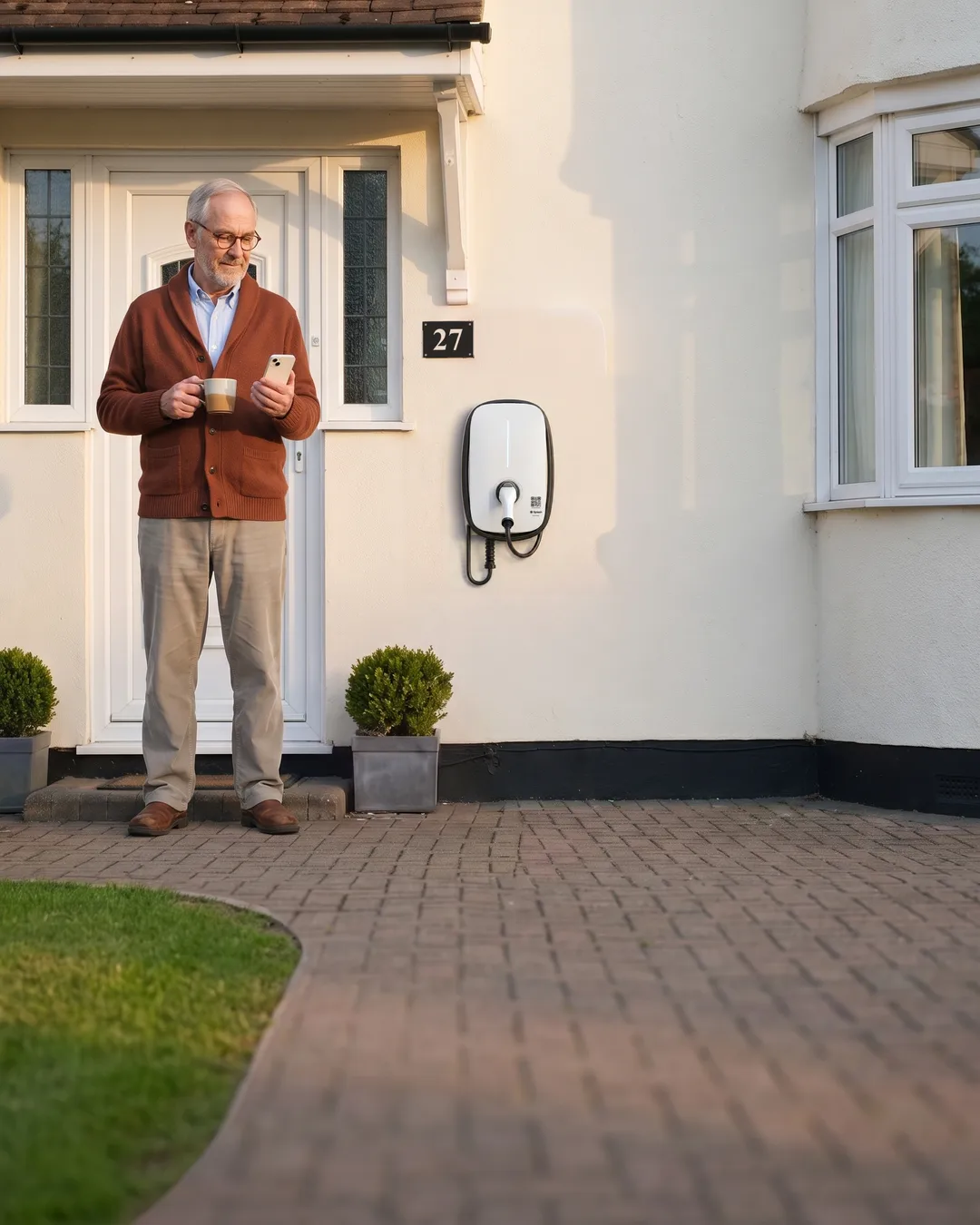 07:40. Martin at his front door with a mug and his phone, his charger on the wall and the drive empty.
