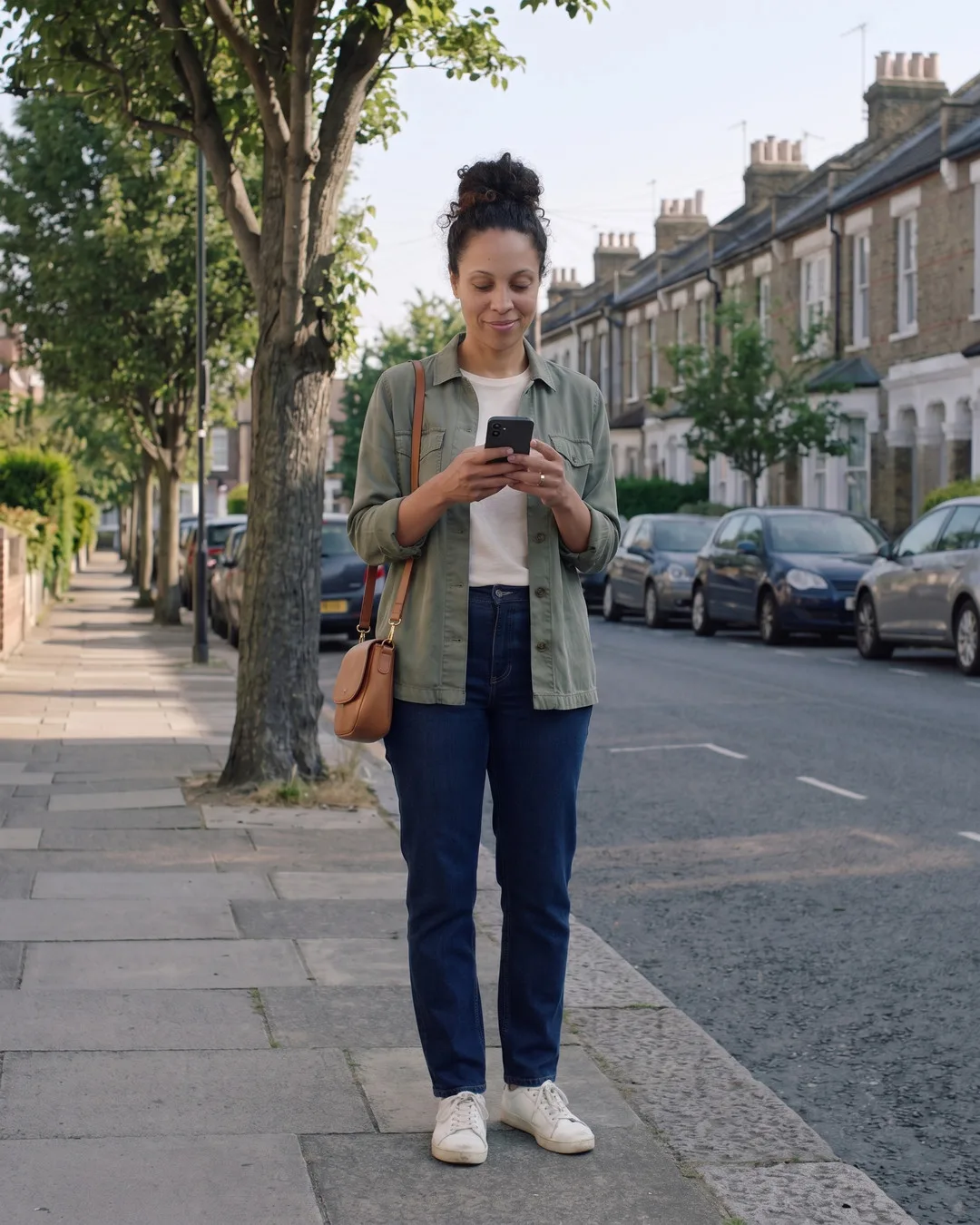 Maya on her terraced street, no driveways, cars parked nose to tail, checking her phone.