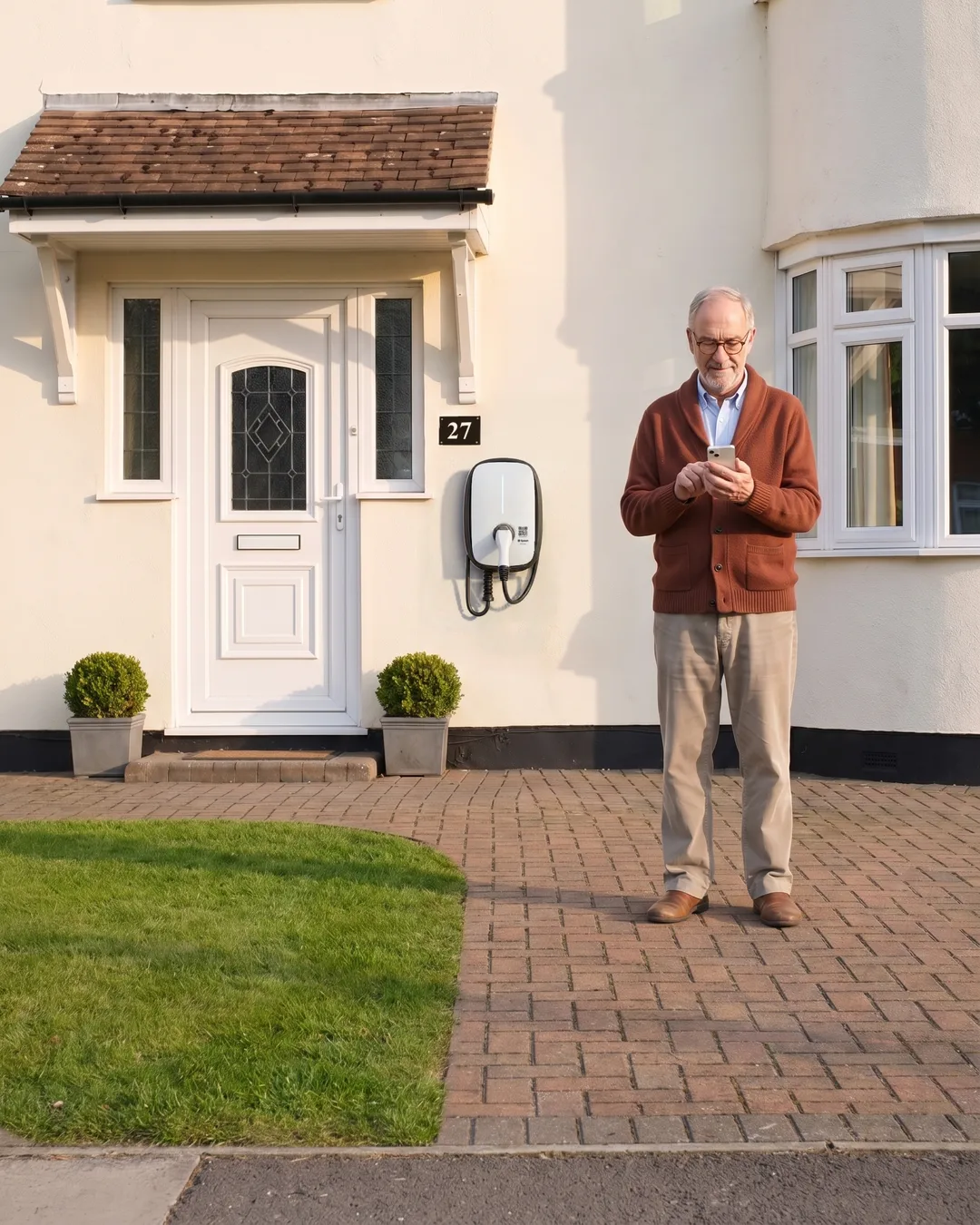 Martin outside his front door in the afternoon, smiling at his phone.