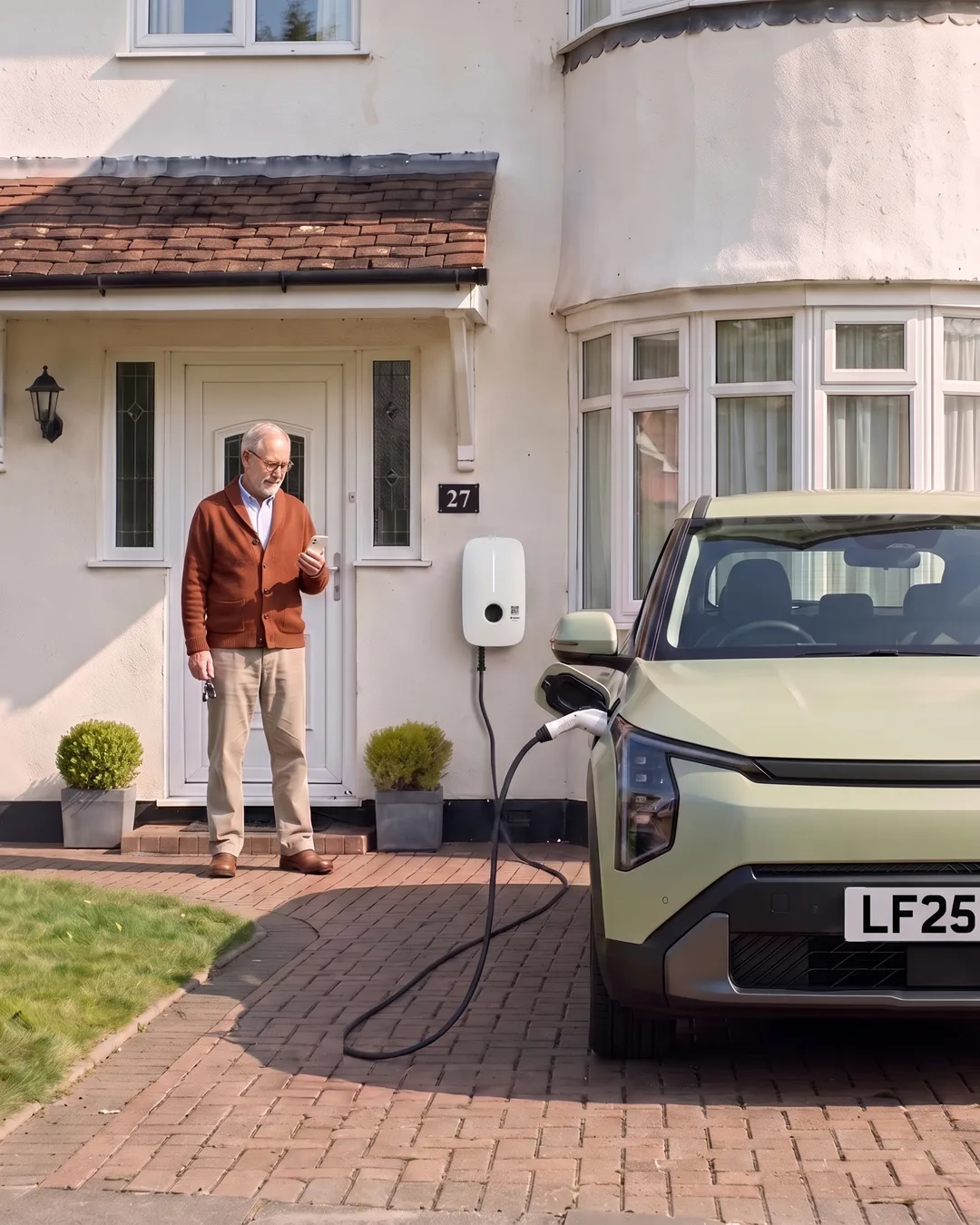 Another day. Martin at his front door with his phone, Maya's car charging on his drive.