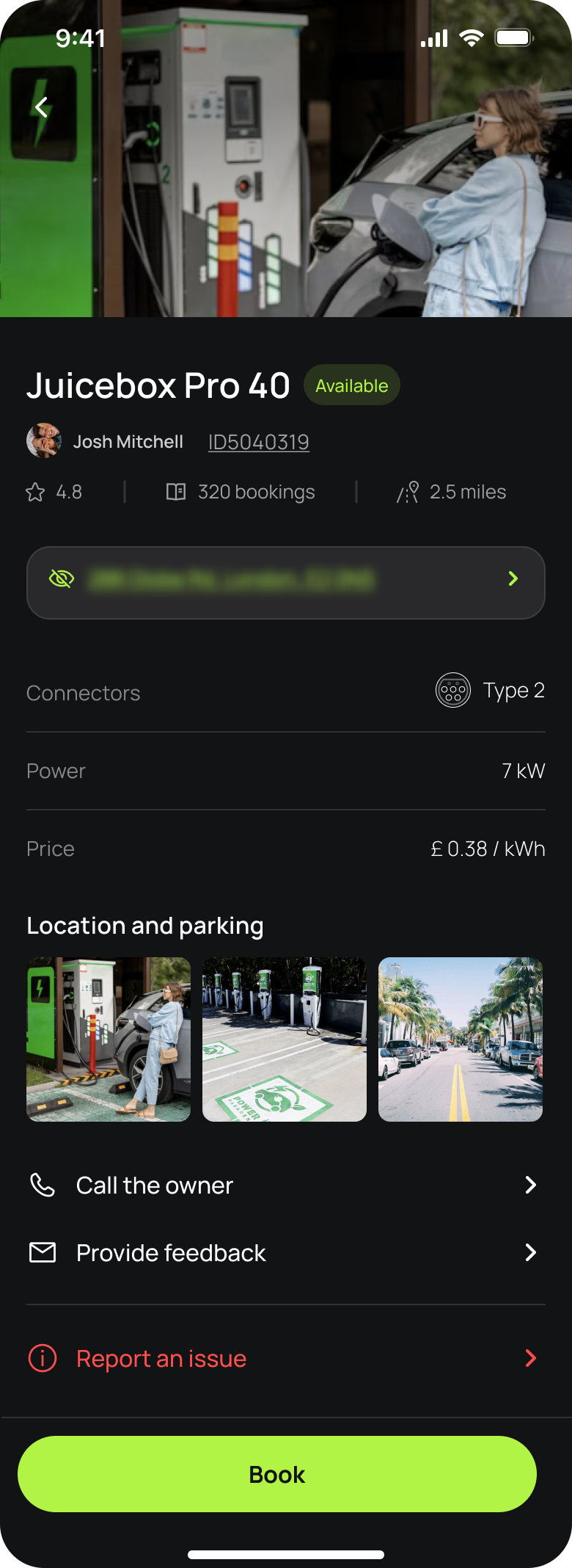 The Splash app showing a charger with its rating, distance, price, and a Book button