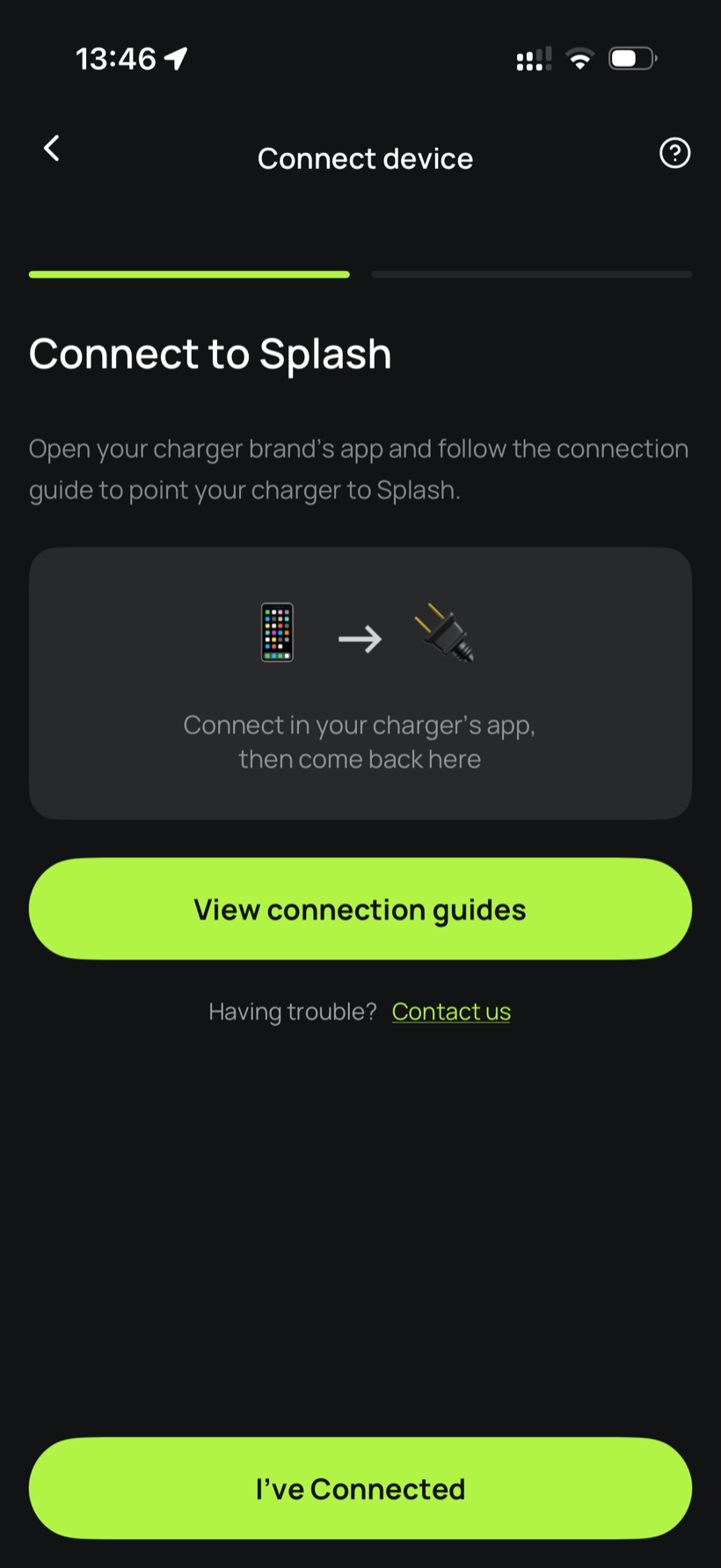 Splash Share, the Connect to Splash screen with the I've Connected button