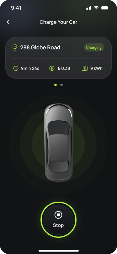 The Splash app showing a live charge: 9 minutes in, 9 kWh delivered, cost so far