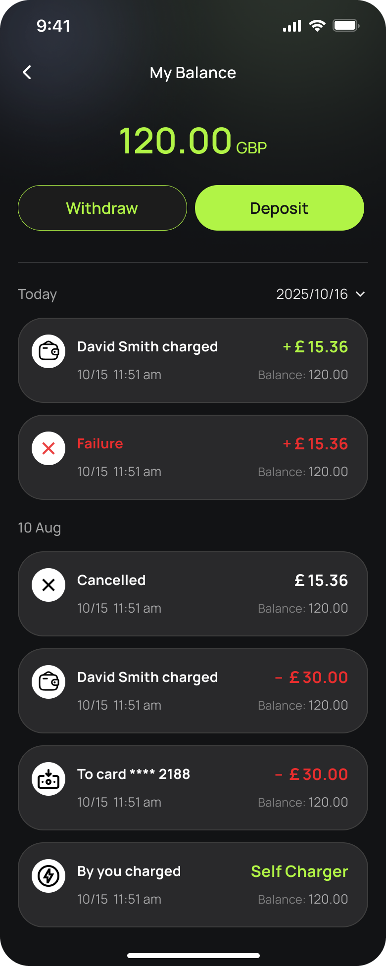 The Splash app wallet showing your balance and charging credit
